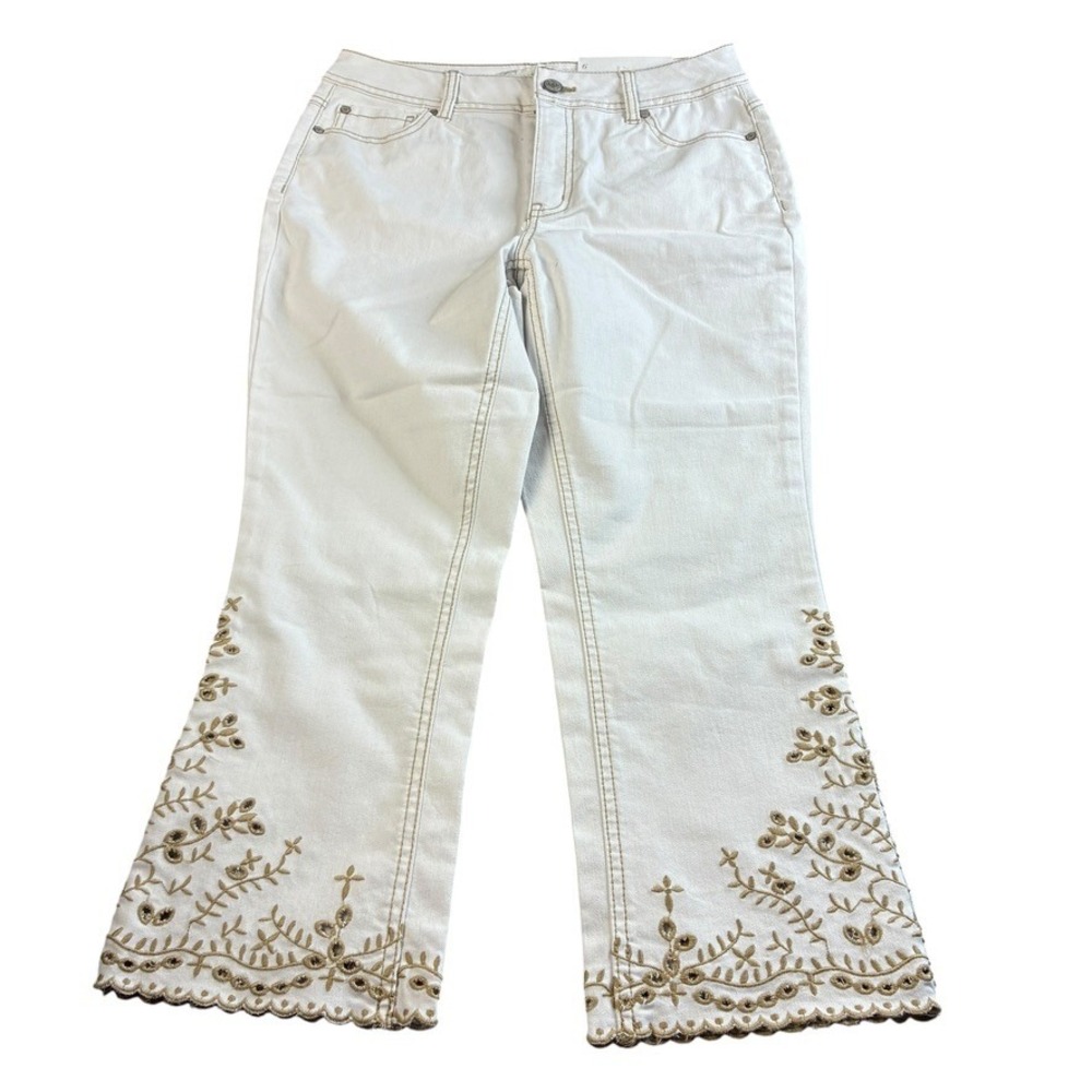 NWT Cato Est 1946 White Embroidered Crop Jeans Hi-Rise‎ Scalloped Hem Size 6